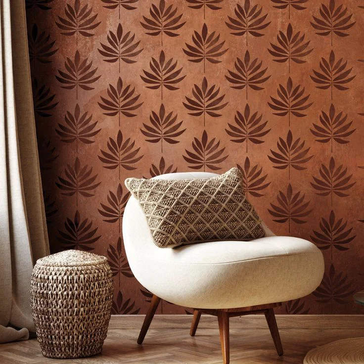 Interior Painting | Brown color wall with flower design and white vhair and cushion in it