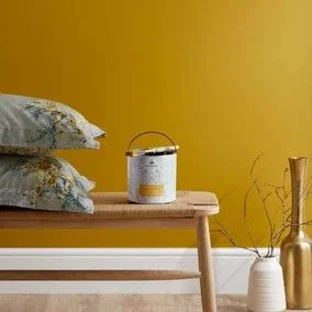 Painting Contractors in Dubai | A picture having yellow wall paint basket and stool in it